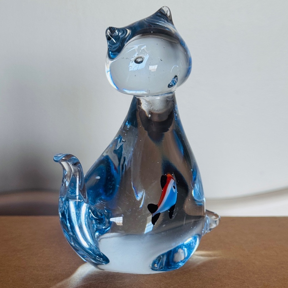 22. Hand Blown Art Glass Cat Figurine with Encased Fish | Studio Glass Decor